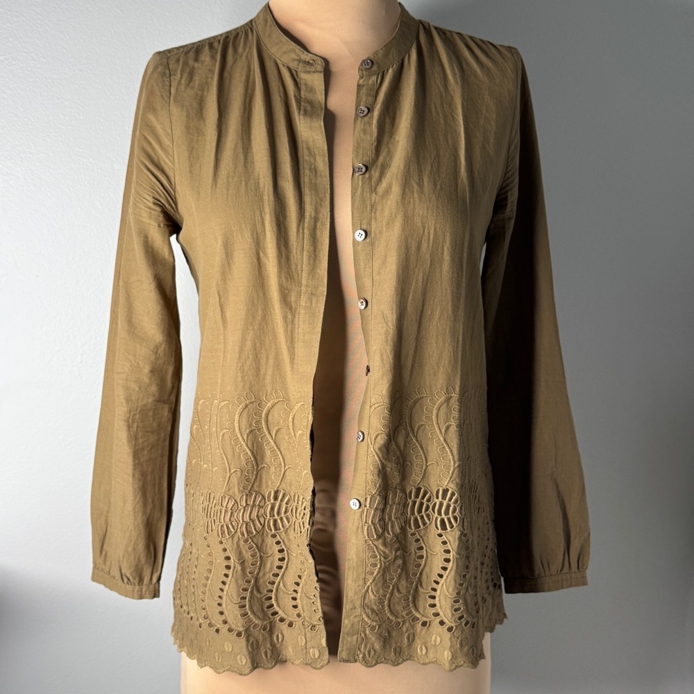 J.Crew Olive Green 100% Cotton Button-Up Women's Top Embroidery Lace Embroidered - Picture 5 of 11